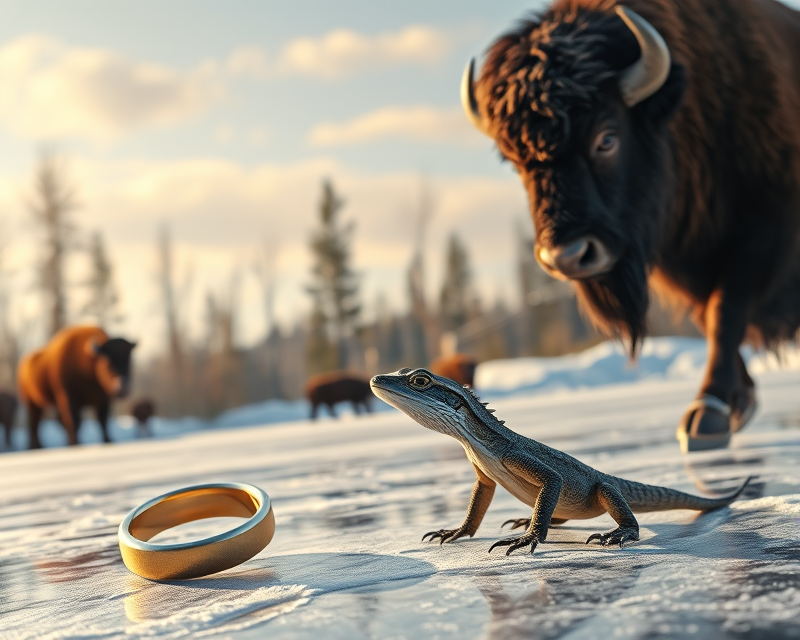 ice skate, bison, lizard, ring